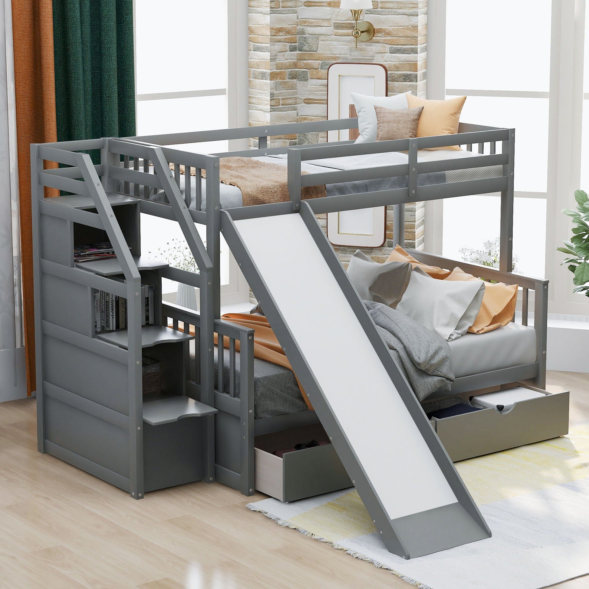 Bunk bed with storage staircase gray by HouseOfZazla, slide, drawers and shelves on Tampa Home & Garden Store