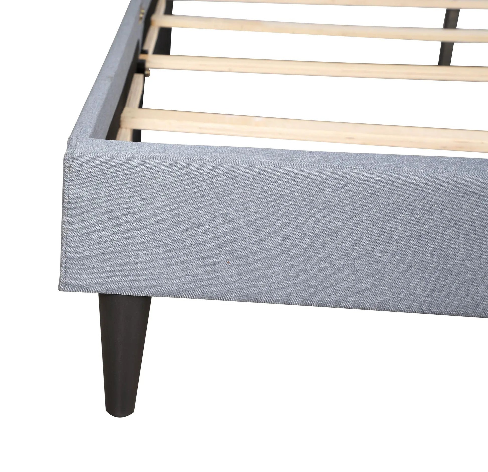 Button Tufted Upholstered Bed in gray fabric with visible wooden slats and dark legs on Tampa Home & Garden Store