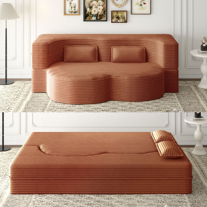 Futon sofa bed by HouseOfZazla in rust ribbed fabric with 2 pillows on Tampa Home & Garden Store