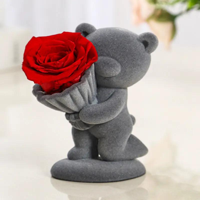 Flocking Bear Gift Box gray flocked bear holding a red rose in a gray wrap on Tampa Home & Garden Store