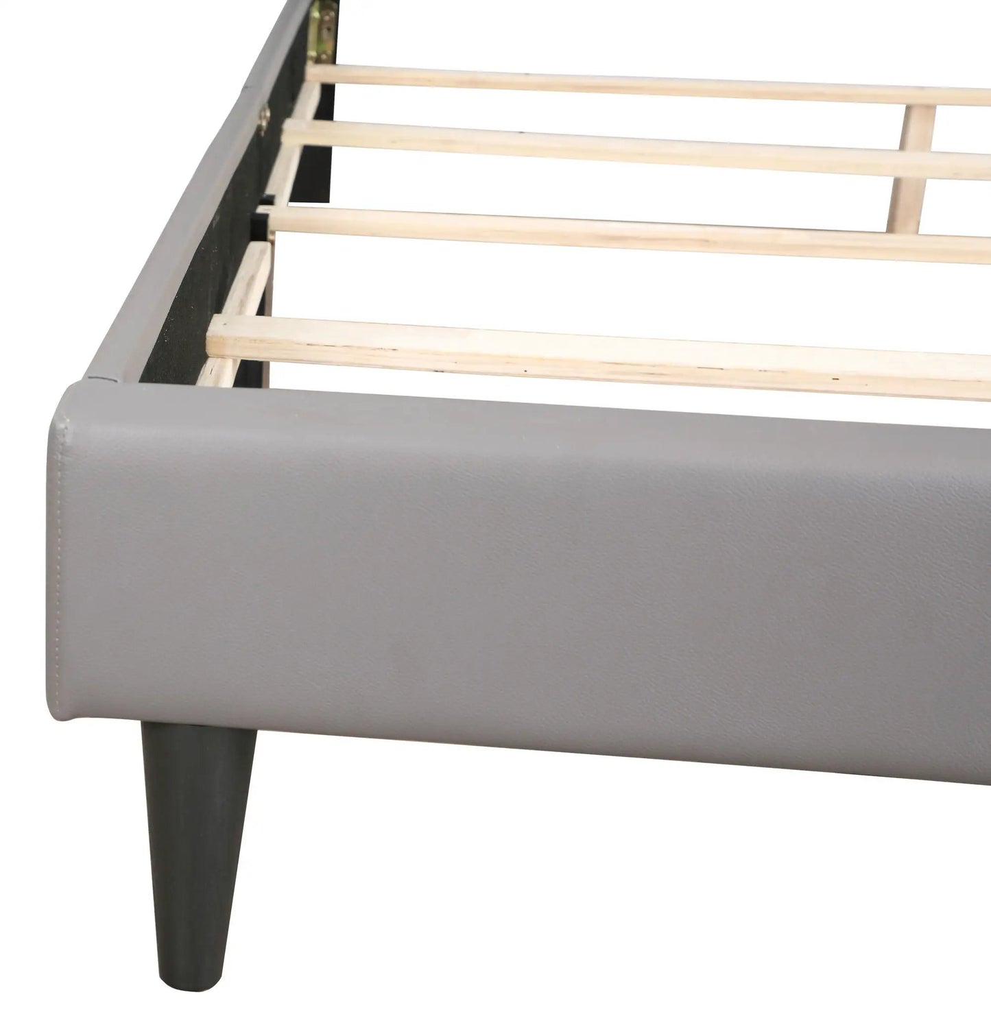 Button tufted upholstered bed in gray faux leather with slat support and dark leg on Tampa Home & Garden Store