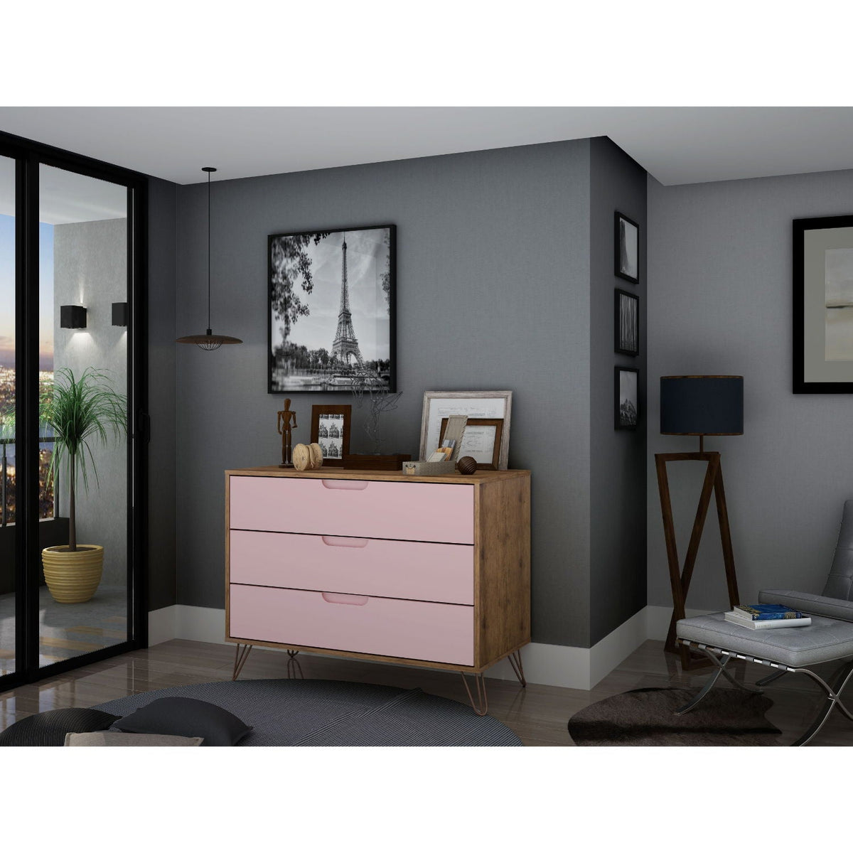 Rockefeller 3 Drawer Dresser with Splayed Legs, pink front drawers, natural wood frame on Tampa Home & Garden Store