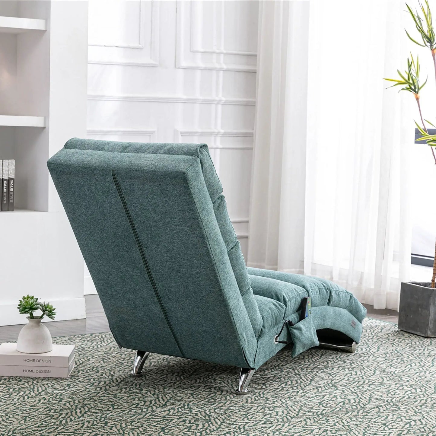 Massage chaise lounge in teal fabric with remote, ergonomic electric lounger on Tampa Home & Garden Store