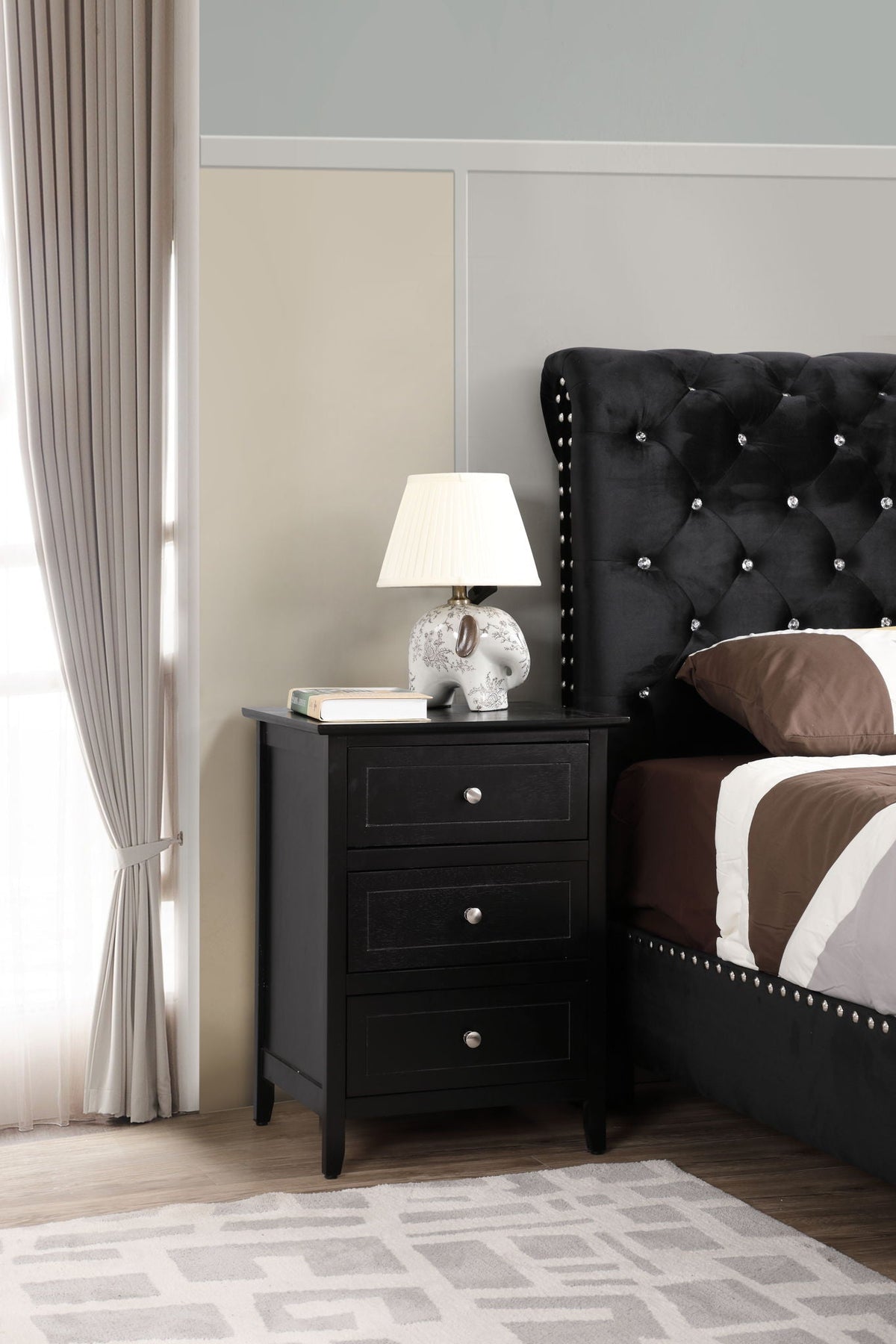 3 Drawer Nightstand with real wood veneer in black finish and silver knobs beside headboard on Tampa Home & Garden Store