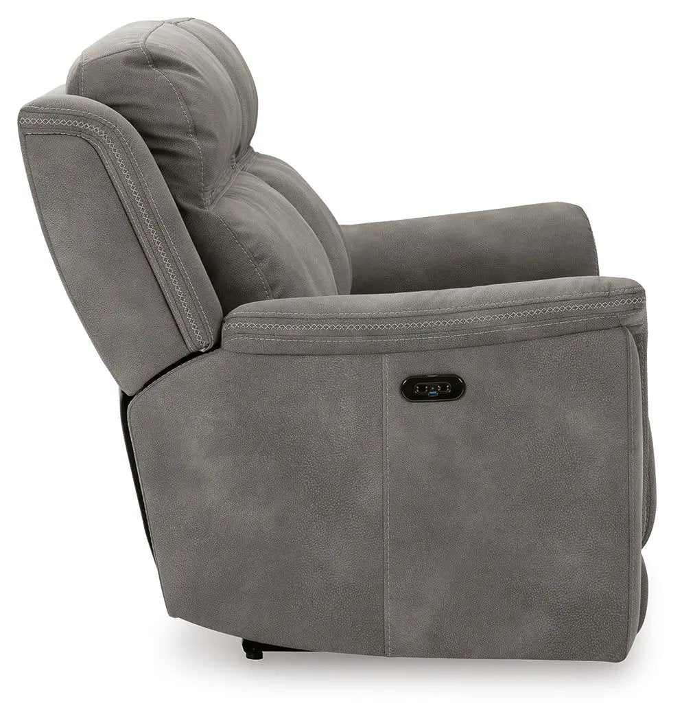 Next-Gen Durapella reclining power sofa in gray upholstery with power panel on outer arm on Tampa Home & Garden Store