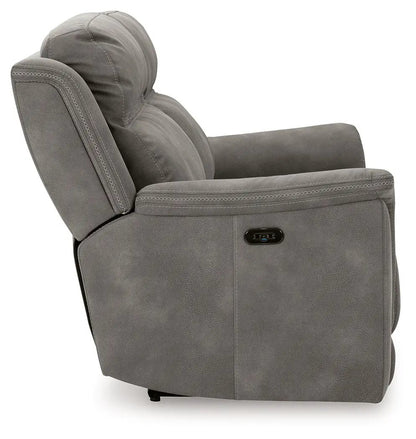 Next-Gen Durapella reclining power sofa in gray upholstery with power panel on outer arm on Tampa Home & Garden Store