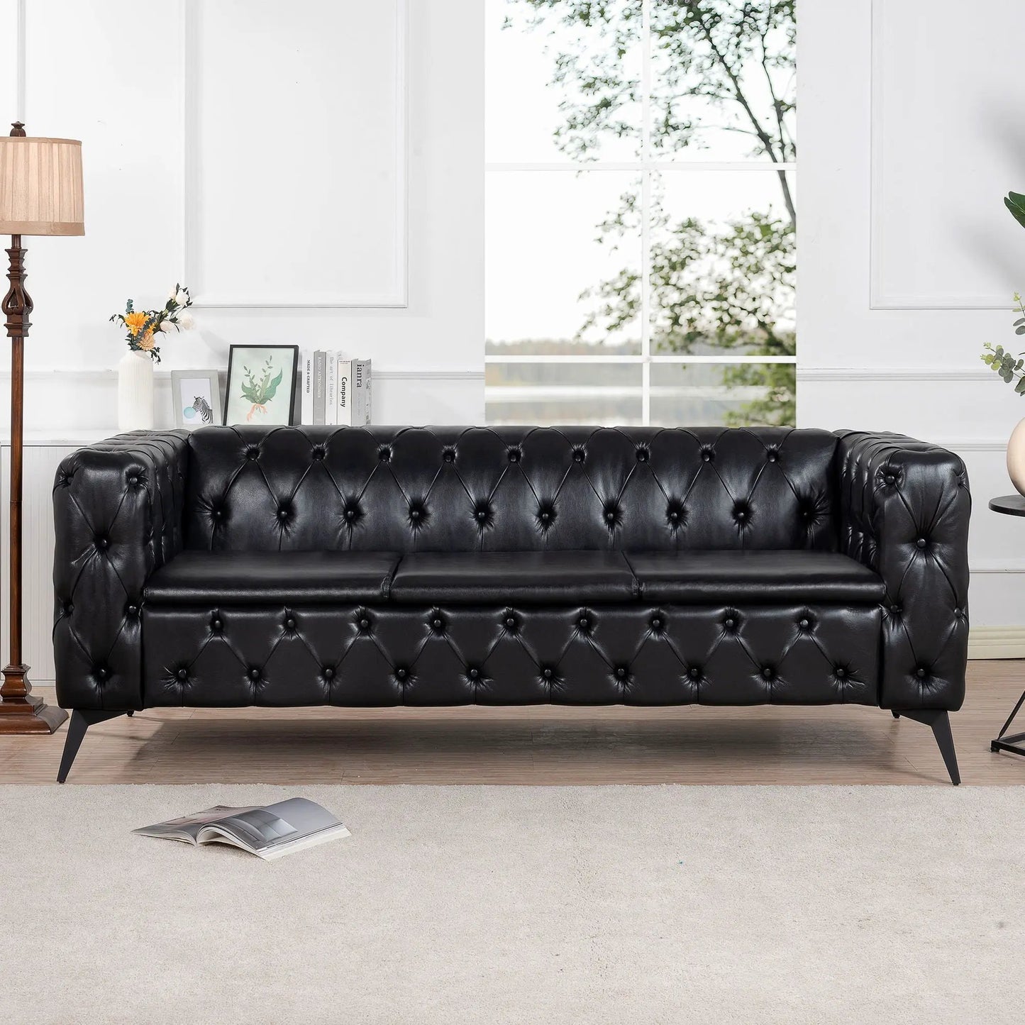 Square Arm Removable Cushion 3 Seater Sofa in black tufted leather by Unique Piece Furniture in a bright living room on Tampa Home & Garden Store