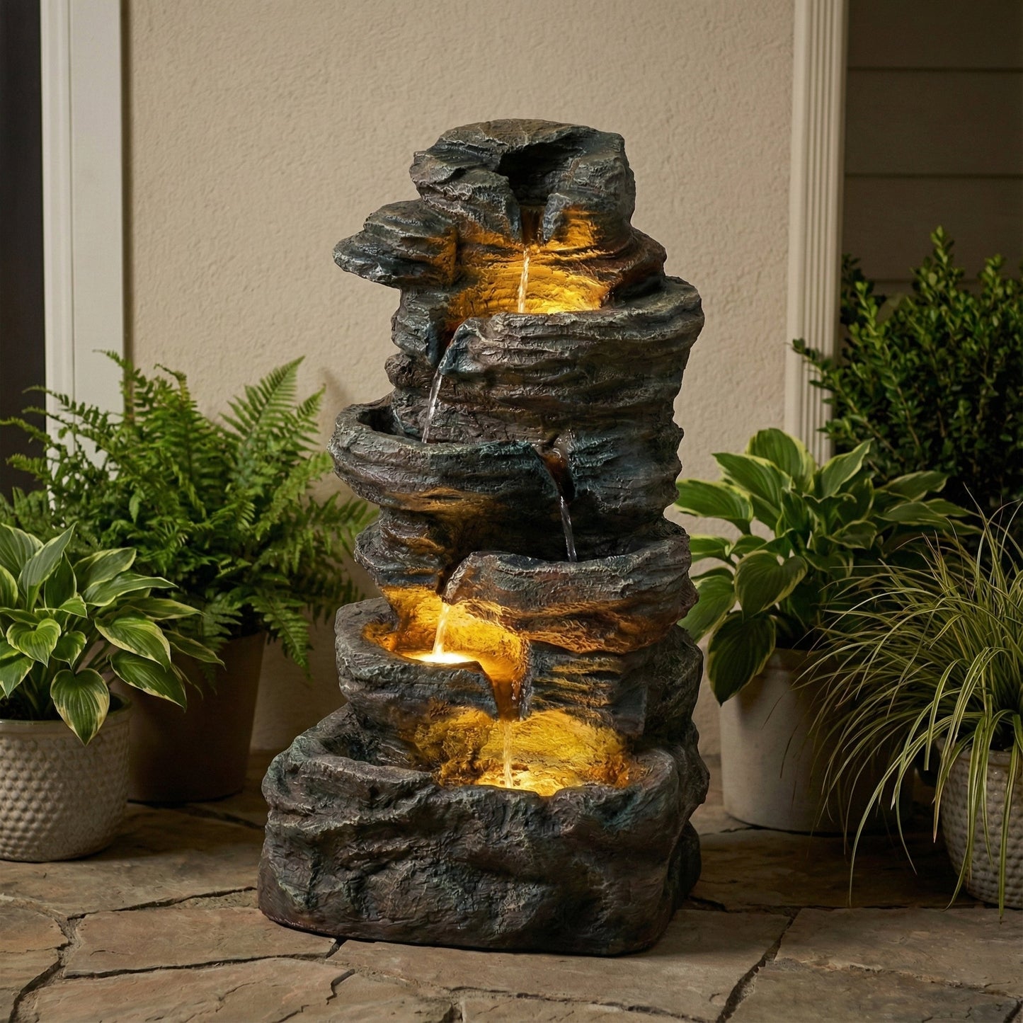 6-Tier Outdoor Cascading Stone Water Fountain with 3 LED Lights, dark rocks, HouseOfZazla on Tampa Home & Garden Store