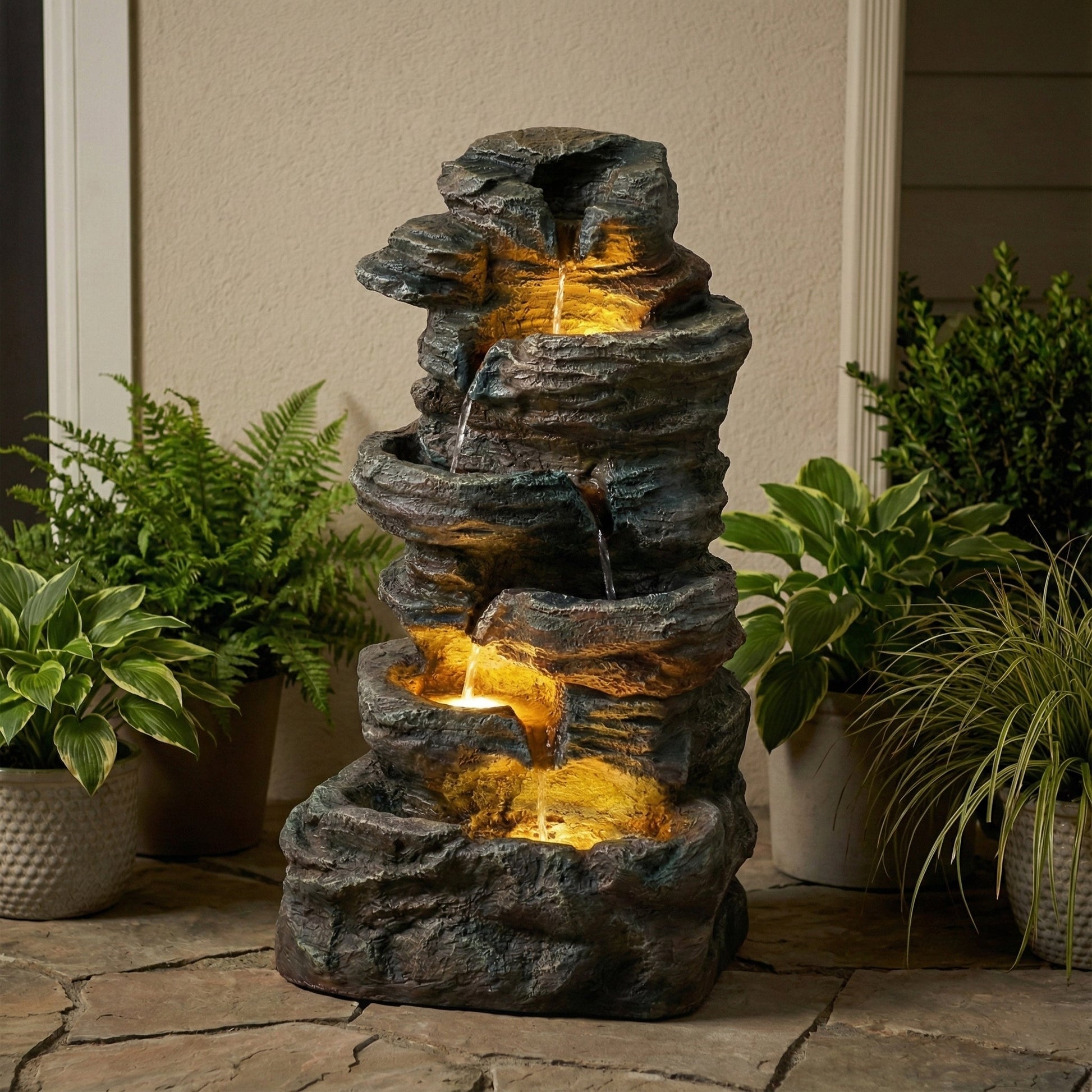 6-Tier Outdoor Cascading Stone Water Fountain with 3 LED Lights, dark rocks, HouseOfZazla on Tampa Home & Garden Store