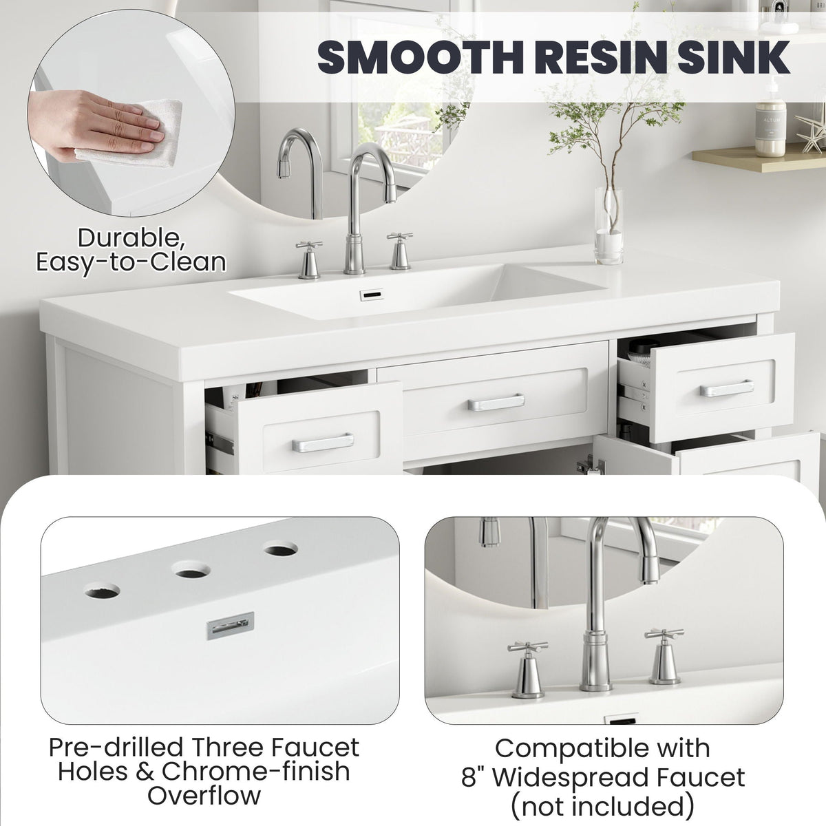 White resin vanity top with rectangular sink, three faucet holes, HouseOfZazla vanity cabinet on Tampa Home & Garden Store