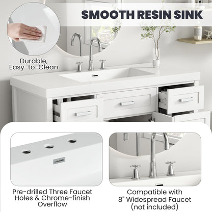 White resin vanity top with rectangular sink, three faucet holes, HouseOfZazla vanity cabinet on Tampa Home & Garden Store