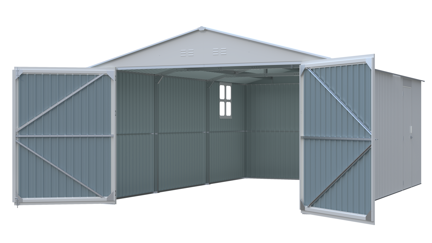 Outdoor storage shed 20x13 ft metal garden shed HouseOfZazla, blue-gray corrugated steel open on Tampa Home & Garden Store