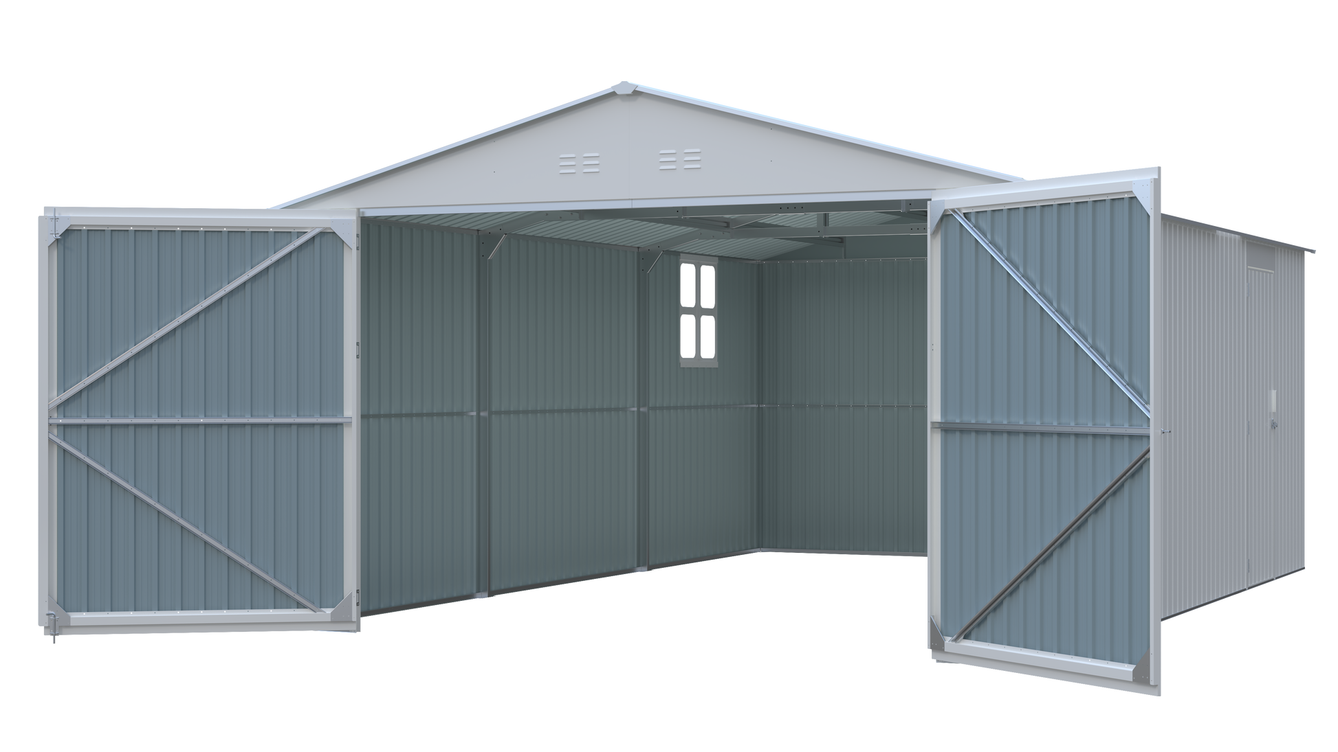 Outdoor storage shed 20x13 ft metal garden shed HouseOfZazla, blue-gray corrugated steel open on Tampa Home & Garden Store