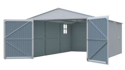 Outdoor storage shed 20x13 ft metal garden shed HouseOfZazla, blue-gray corrugated steel open on Tampa Home & Garden Store