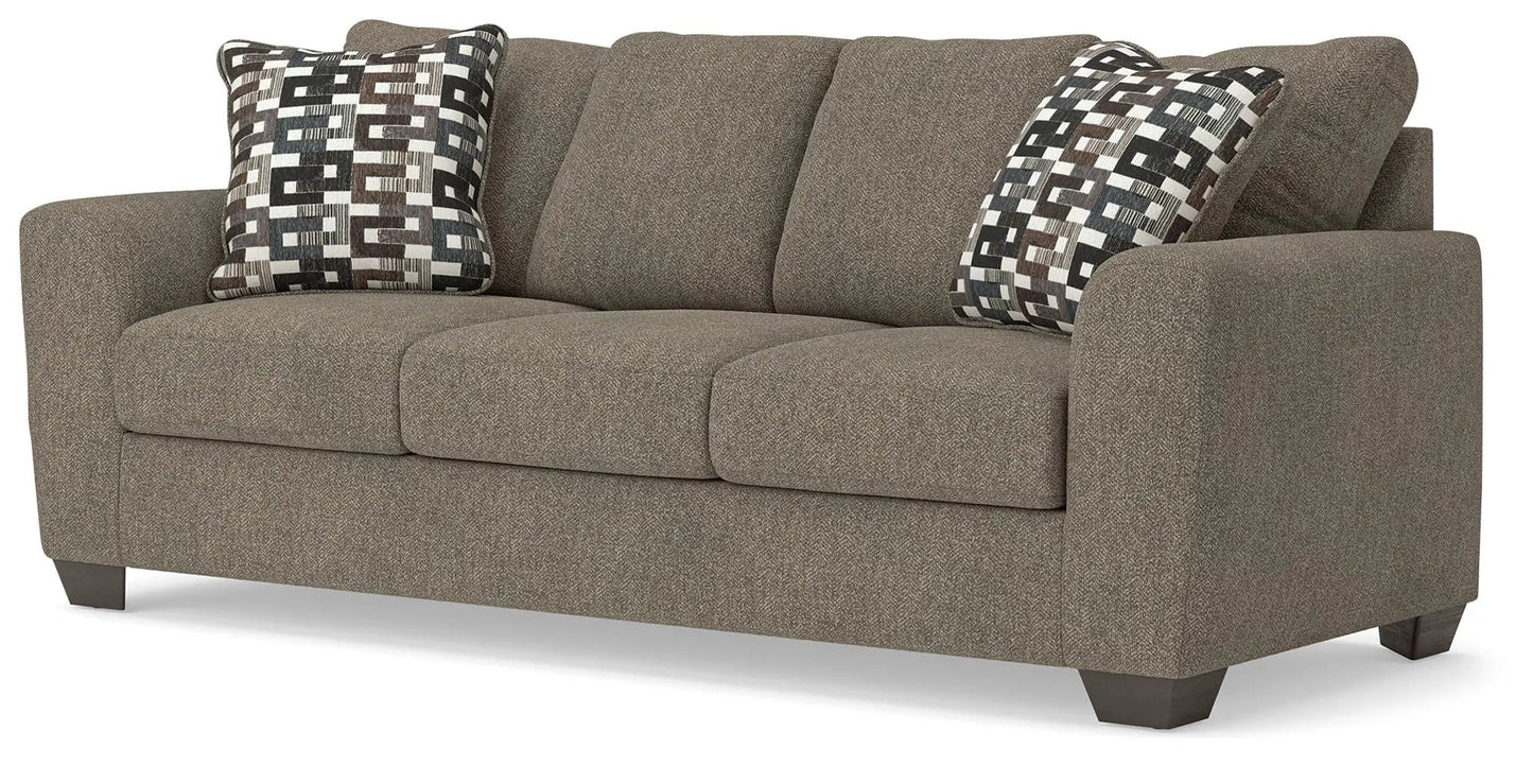 Triston-Peaks sofa brown suede fabric with 2 geometric cushions Unique Piece Furniture on Tampa Home & Garden Store