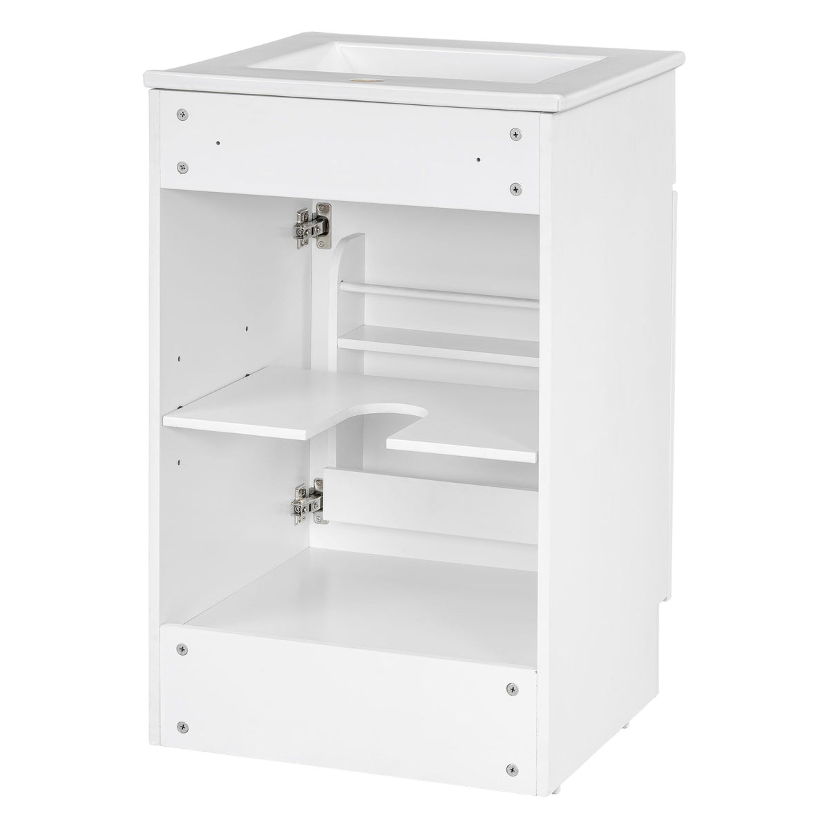 White bathroom vanity with sink and adjustable shelf, cabinet doors and interior storage on Tampa Home & Garden Store