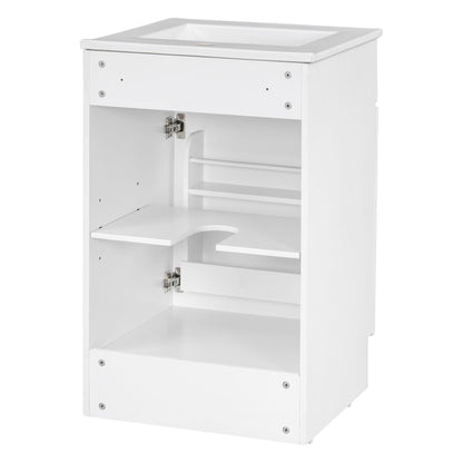 White bathroom vanity with sink and adjustable shelf, cabinet doors and interior storage on Tampa Home & Garden Store