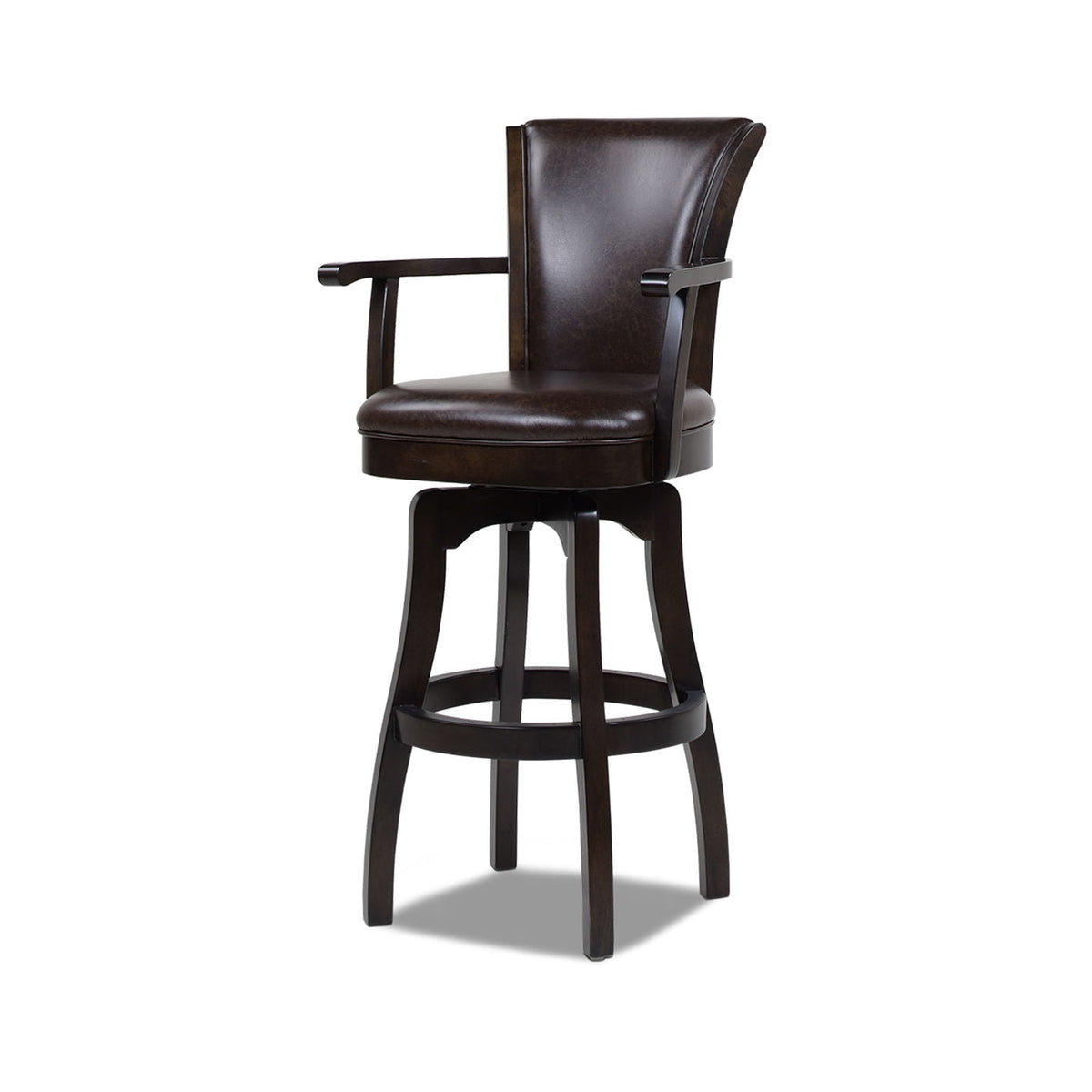 Williams Swivel Bar-Height Bar Stool with Armrests in dark brown leather, solid hardwood frame on Tampa Home & Garden Store