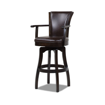 Williams Swivel Bar-Height Bar Stool with Armrests in dark brown leather, solid hardwood frame on Tampa Home & Garden Store