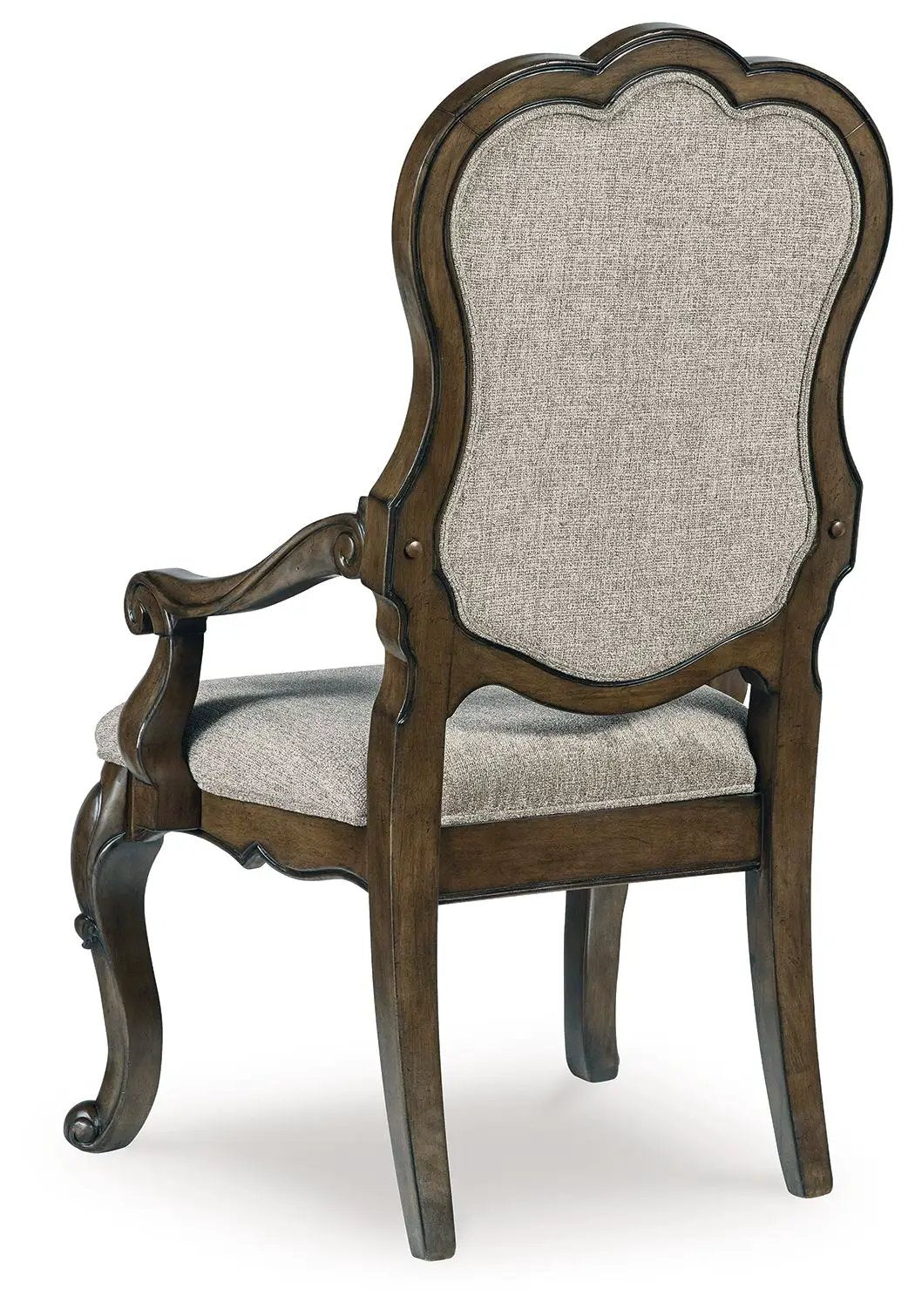 Maylee dining upholstered arm chair with dark brown wood frame and beige fabric on Tampa Home & Garden Store