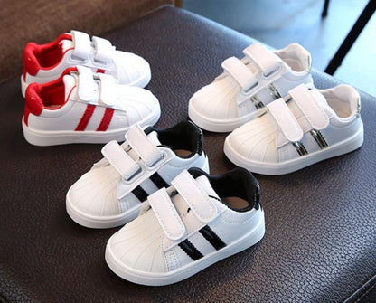Stevvex baby sneakers set: 4 white Velcro sport shoes with red, black and silver accents on Tampa Home & Garden Store