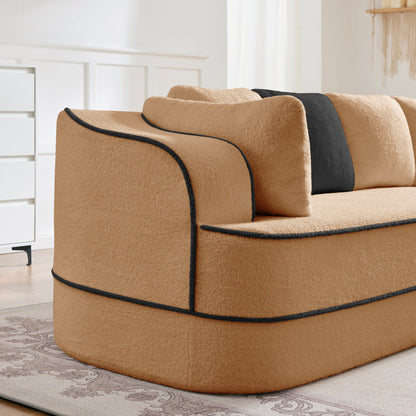 Elysees left chaise sofa in camel teddy fabric with black piping and pillows on Tampa Home & Garden Store