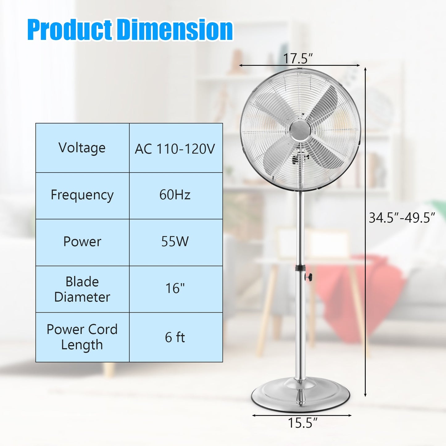 Ventilador de Pedestal Oscilante de 16 Pulgadas con 3 Velocidades y Altura Ajustable - Plateado