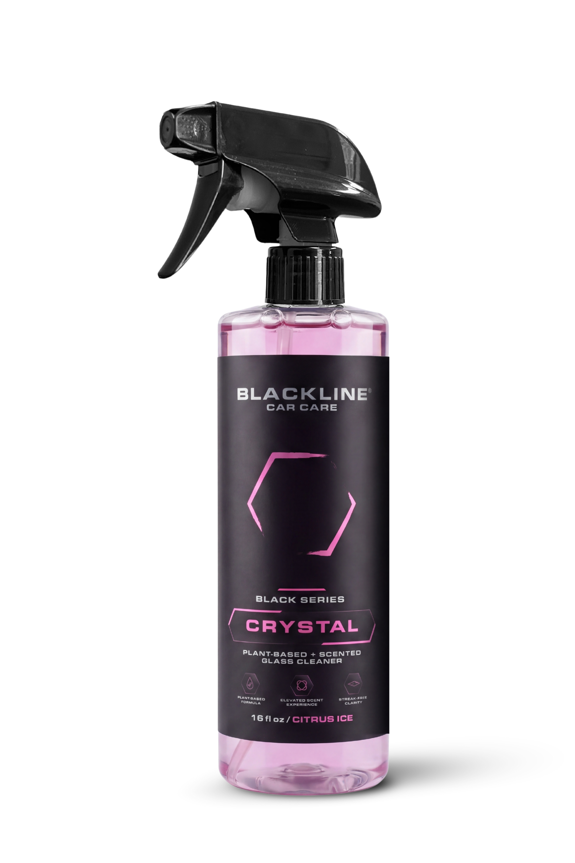 Blackline Crystal Glass Cleaner spray bottle with pink citrus-ice liquid and black trigger 16 oz on Tampa Home & Garden Store