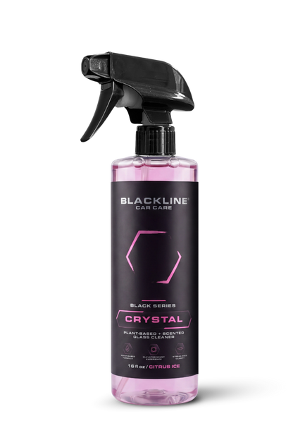 Blackline Crystal Glass Cleaner spray bottle with pink citrus-ice liquid and black trigger 16 oz on Tampa Home & Garden Store