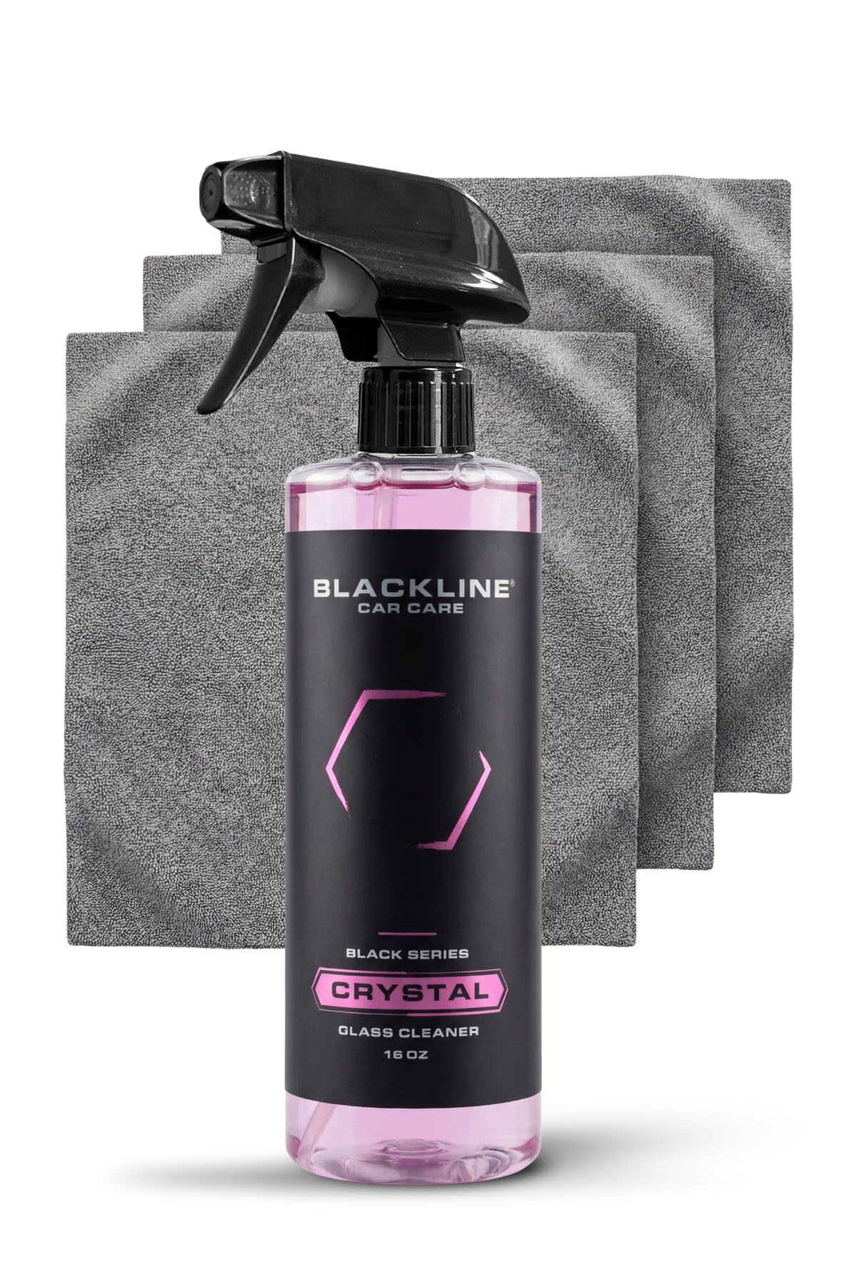 Blackline Car Care Crystal Glass Cleaner spray bottle with pink liquid and gray towel set on Tampa Home & Garden Store