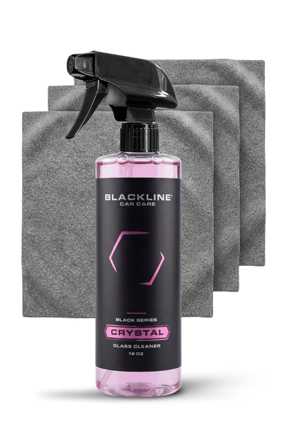 Blackline Car Care Crystal Glass Cleaner spray bottle with pink liquid and gray towel set on Tampa Home & Garden Store