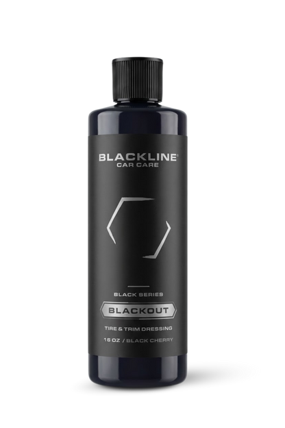 BLACKLINE BLACKOUT Tire & Trim Dressing bottle by Blackline Car Care, black label, 16 oz on Tampa Home & Garden Store