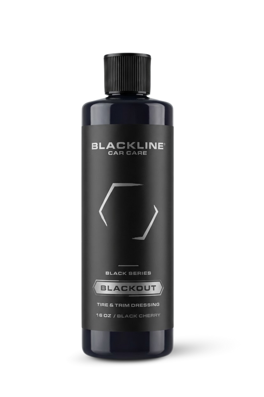 BLACKLINE BLACKOUT Tire & Trim Dressing bottle by Blackline Car Care, black label, 16 oz on Tampa Home & Garden Store