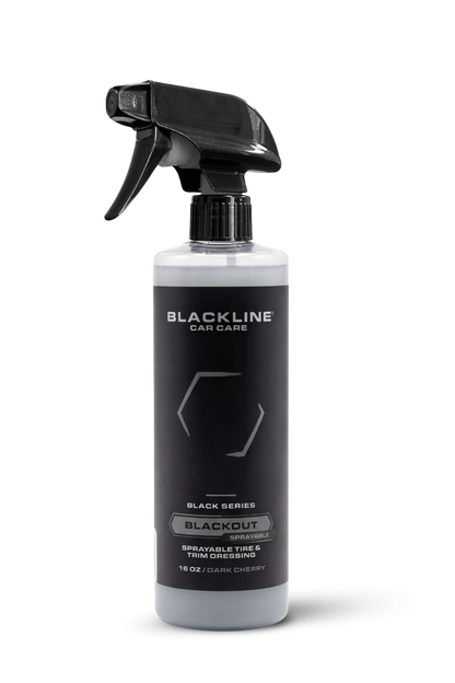 BLACKLINE Car Care Blackout Trim & Tire Dressing spray bottle with black trigger on Tampa Home & Garden Store