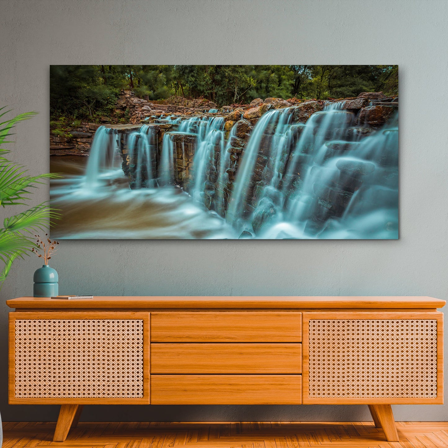 Cascading Waterfall Canvas Wall Art by Tailored Canvases, blue water over stone steps on Tampa Home & Garden Store