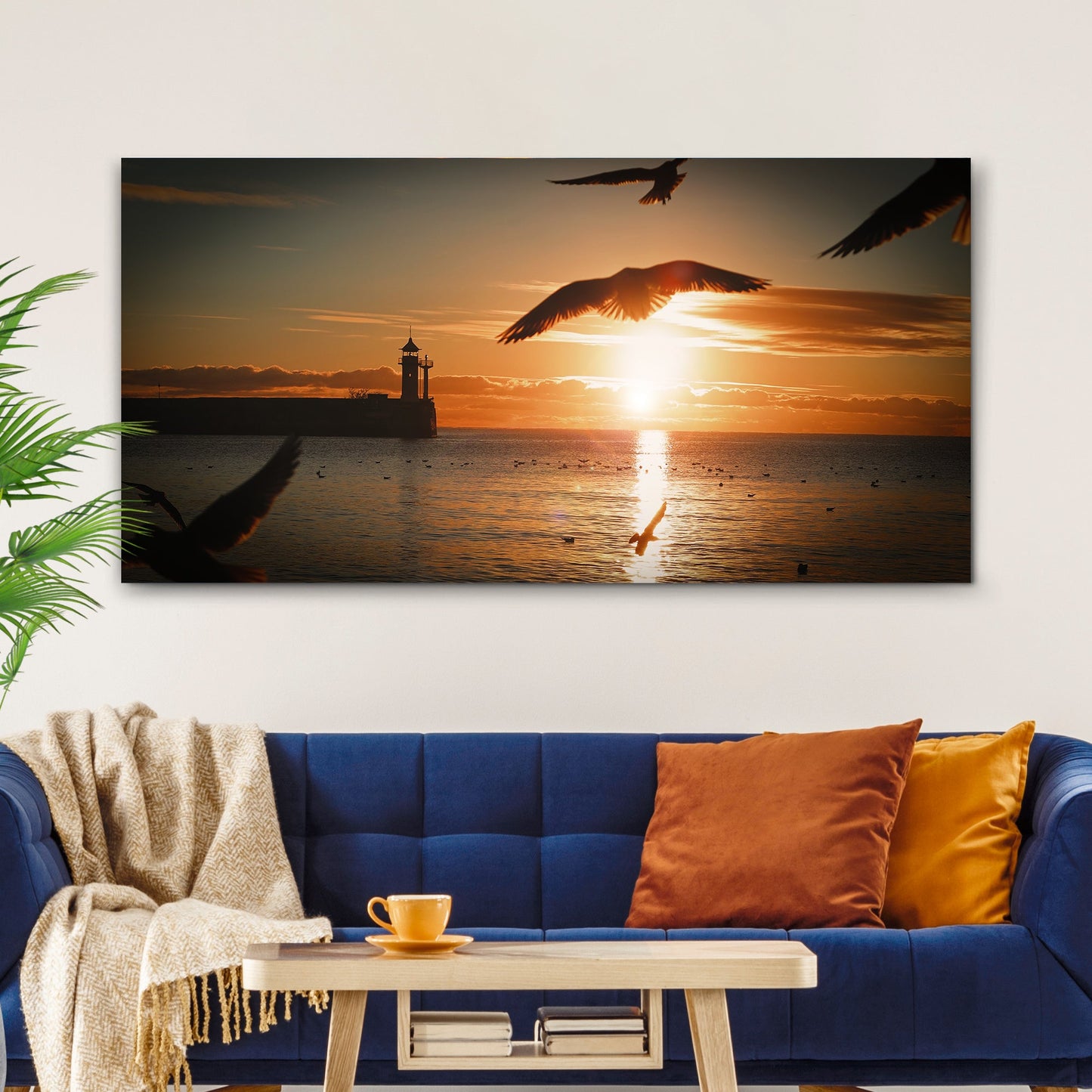 Birds On Magical Sunrise Canvas by Tailored Canvases; lighthouse at sunset over water on Tampa Home & Garden Store