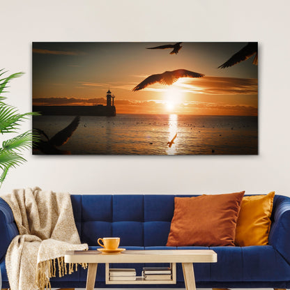 Birds On Magical Sunrise Canvas by Tailored Canvases; lighthouse at sunset over water on Tampa Home & Garden Store