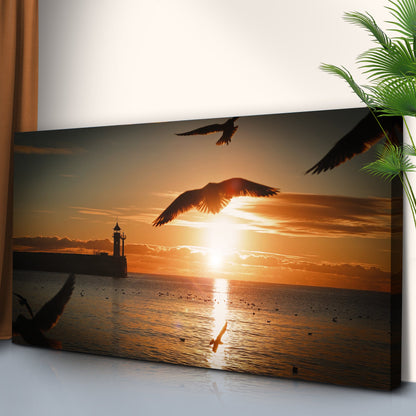 Birds On Magical Sunrise Canvas Wall Art sunset over water with birds and a lighthouse on Tampa Home & Garden Store