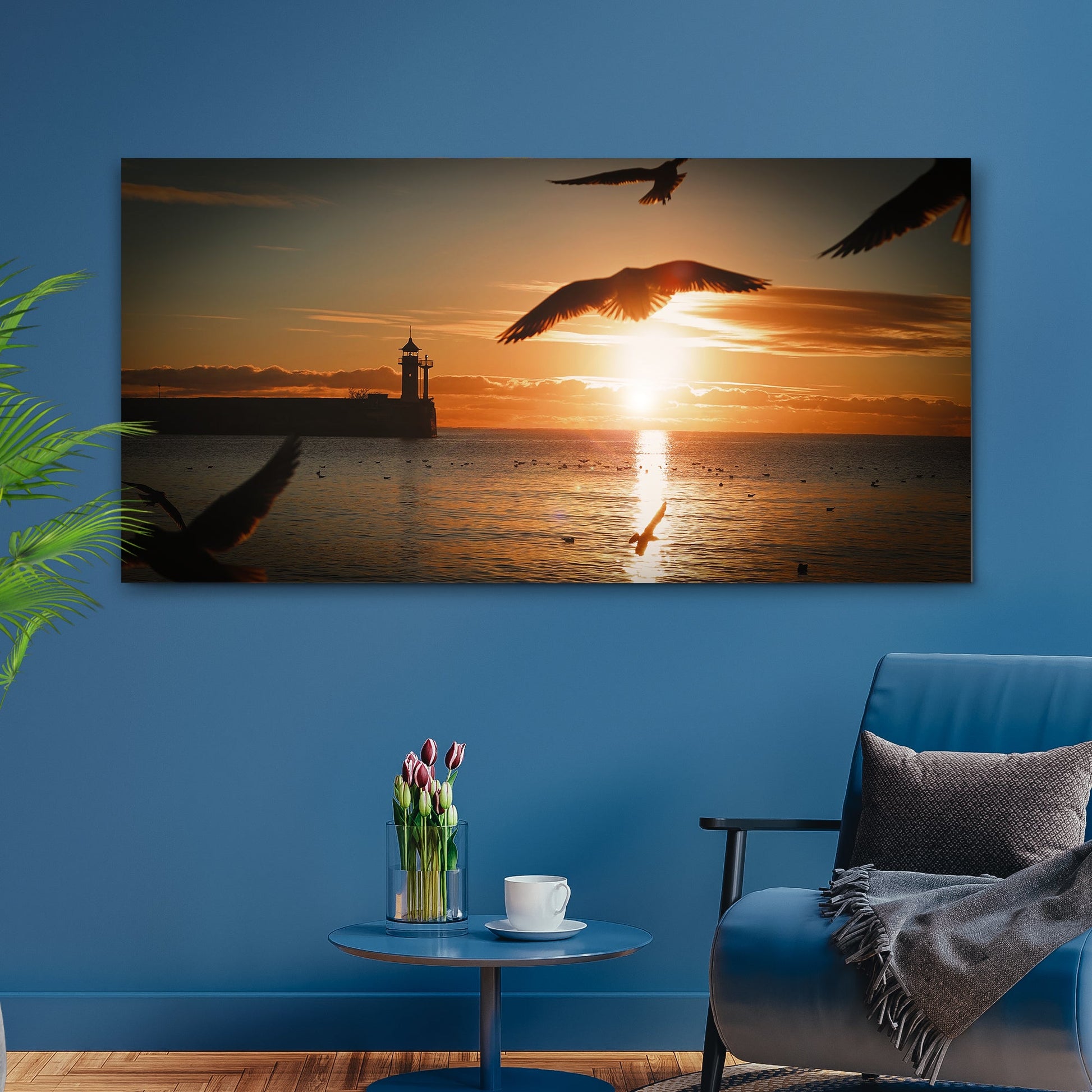 Birds On Magical Sunrise canvas wall art by Tailored Canvases, lighthouse sunset birds on Tampa Home & Garden Store