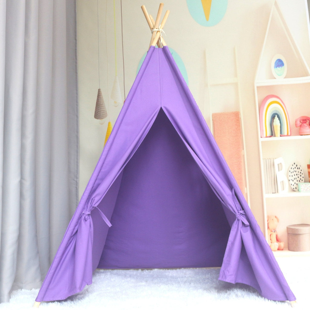 Kids Cotton Teepee Play Tent purple with fairy lights in playroom by Chicky Chicky Bling Bling on Tampa Home & Garden Store