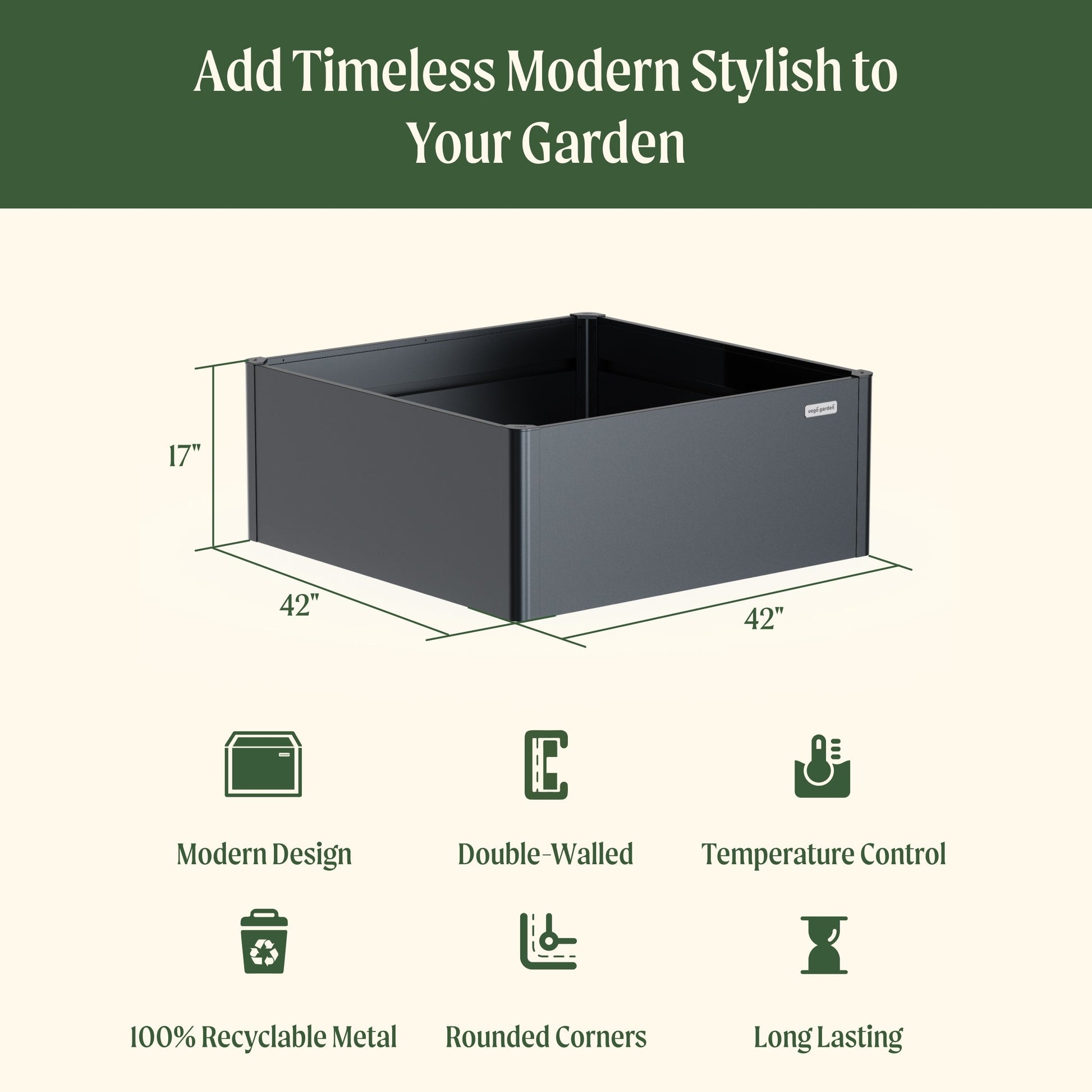 17" Tall Modern Raised Garden Bed 42" x 42" Metal - Tampa Home & Garden Store