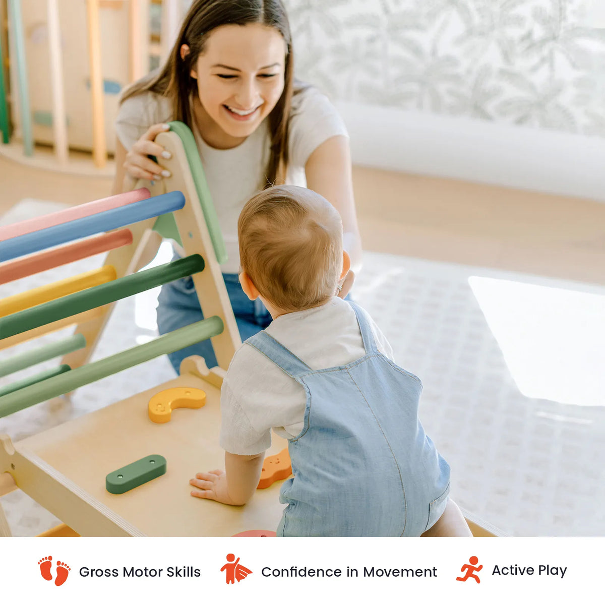 Tiny Land 7-in-1 Morandi Pikler Triangle Set climbing set with colorful wooden rungs on Tampa Home & Garden Store
