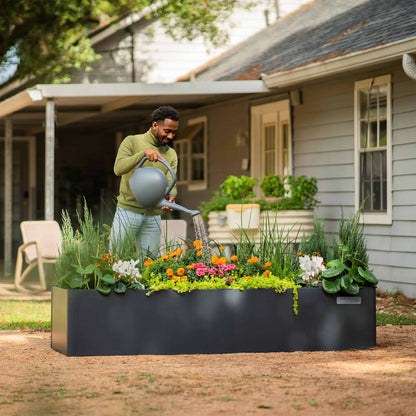 27 by 53 Inches Modern Metal Raised Garden Bed black metal planter with blooms; Vego Garden on Tampa Home & Garden Store