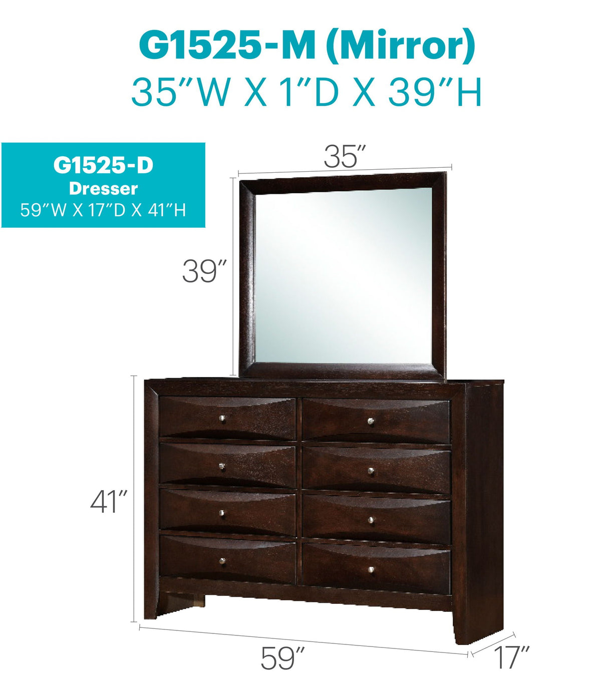 Marilla dresser with molded resin fronts in dark brown wood finish, includes matching mirror on Tampa Home & Garden Store