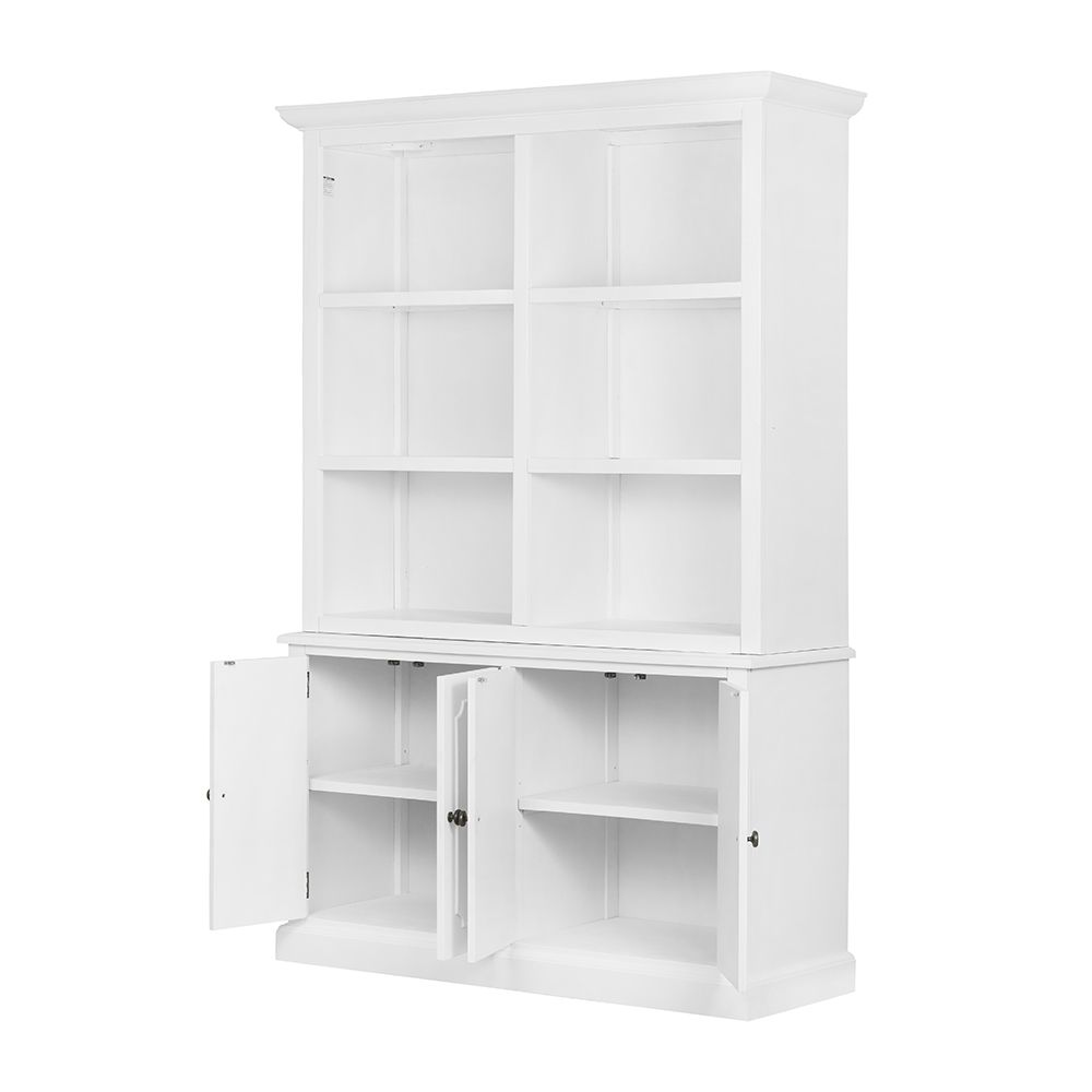 French Country Acacia bookcase white finish with ample storage, upper display shelves, lower cabinet on Tampa Home & Garden Store