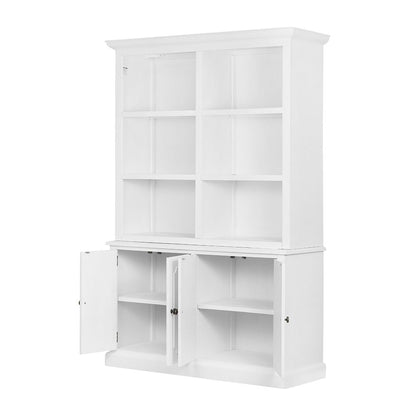 French Country Acacia bookcase white finish with ample storage, upper display shelves, lower cabinet on Tampa Home & Garden Store