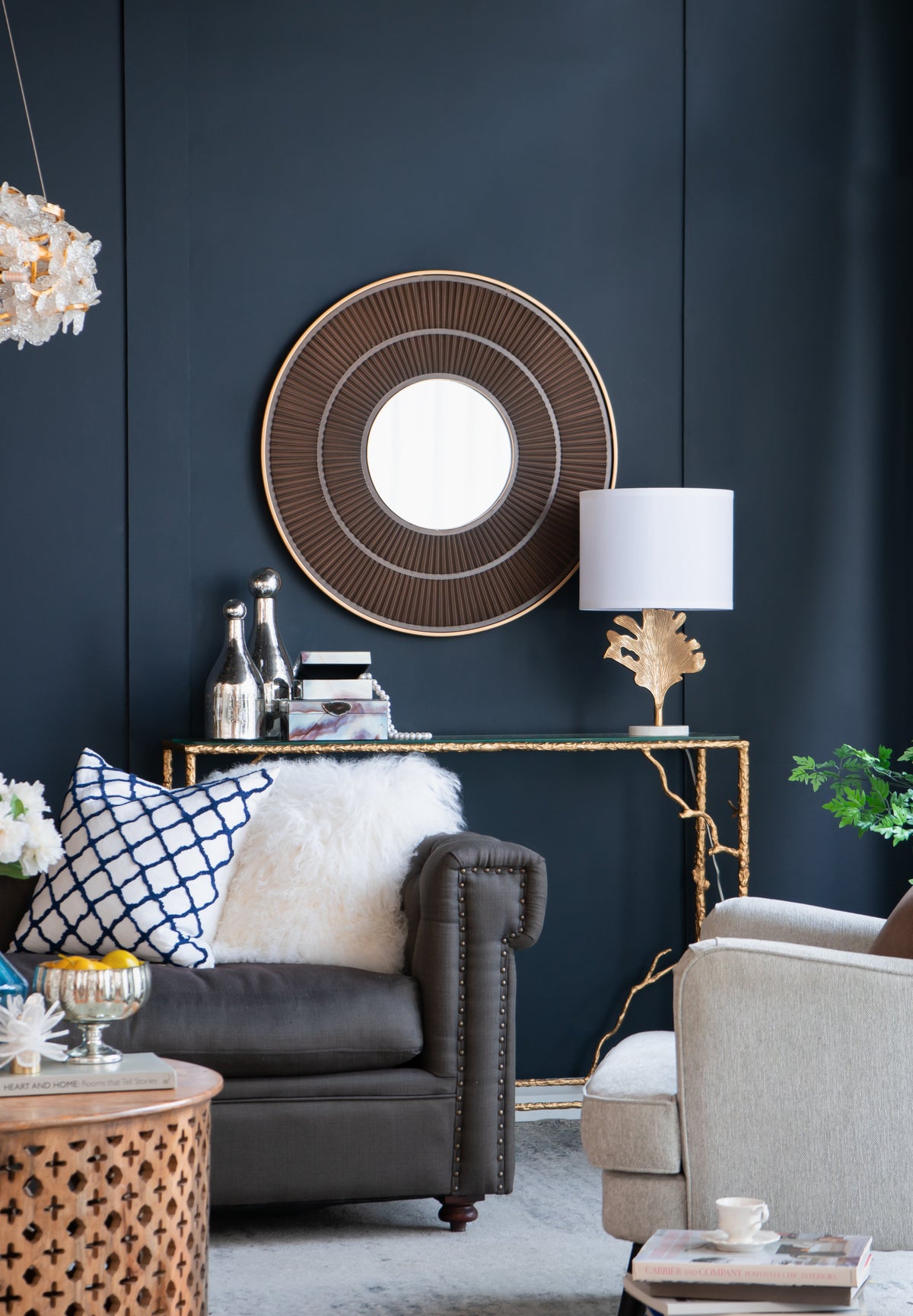 D13x22.2in table lamp with a white drum shade beside a circular mirror on a dark wall on Tampa Home & Garden Store