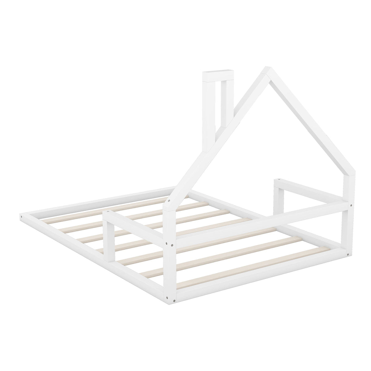 Elegant Floor Bed With House Shaped Headboard white wooden platform bed frame with slats on Tampa Home & Garden Store