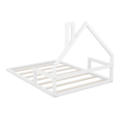 Elegant Floor Bed With House Shaped Headboard white wooden platform bed frame with slats on Tampa Home & Garden Store