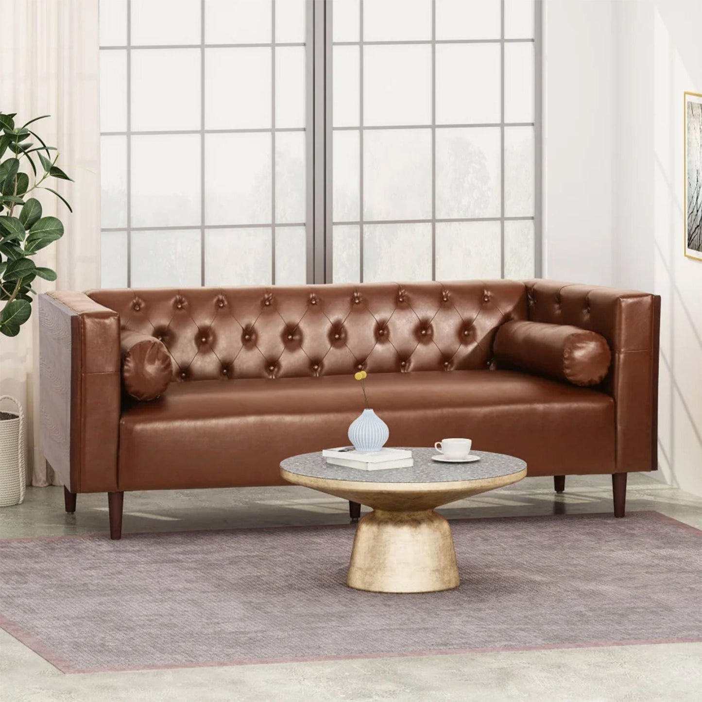 Contemporary 3 Seater sofa in brown leather with tufted design by HouseOfZazla on Tampa Home & Garden Store